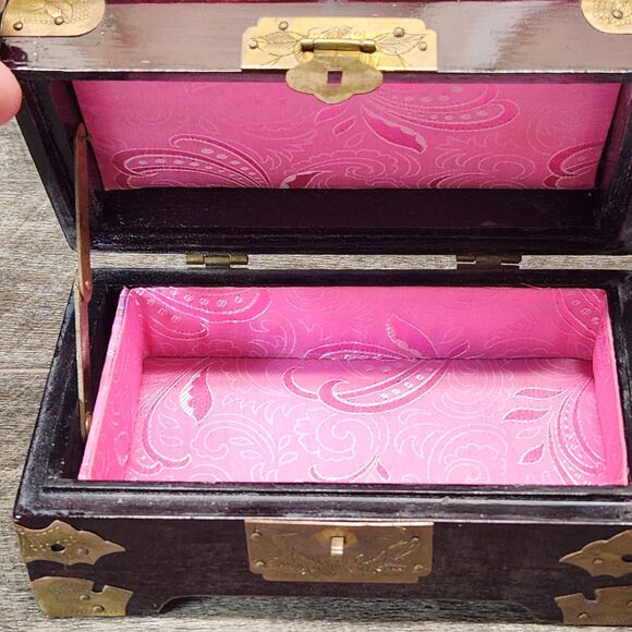 Vtg Chinese Wood Jewelry Keepsake Box Carved Jade Inlay w/brass 6.75" x 3.5" - Picture 2 of 12